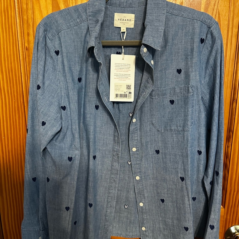 Sezane Tom Boy shirt Chambray with navy hearts